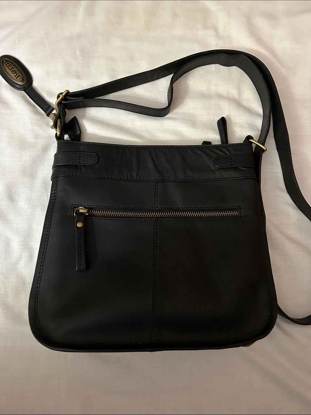 Born Black Leather Crossbody Bag with Gold Accents, Approximately 10.5x9.5